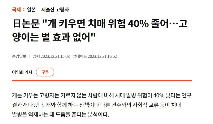 日 논문 '개 키우면 치매 위험 40%줄어...고양이는 별 효과 없어'