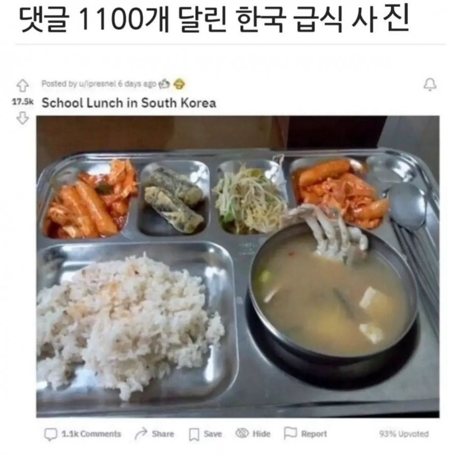 댓글 1100개 달린 한국 급식 사진