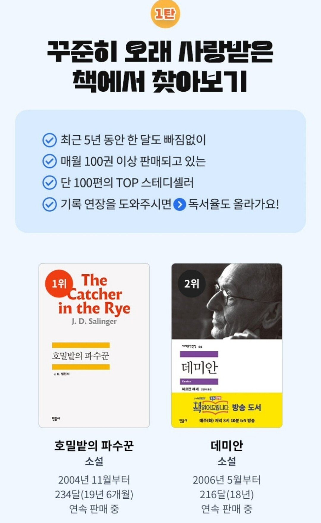 교보문고에서 뽑은 매달 100권 이상 꾸준히 팔리는 책 순위